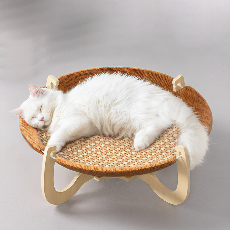 Zeitgenössisches Boho Rundes Rattanmatte Massivholz Mehrschichtplatte Stoff Mitteldichte Faserplatte Katzenbett Für Schlafzimmer 