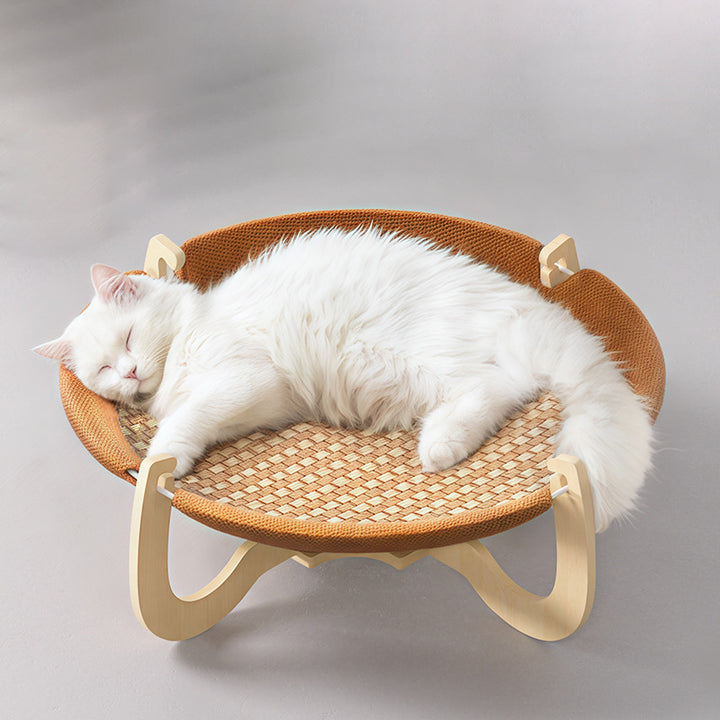 Cama para gatos de ratán redonda boho contemporánea de madera maciza, tablero de múltiples capas, tela de tablero de fibra de densidad media para dormitorio 