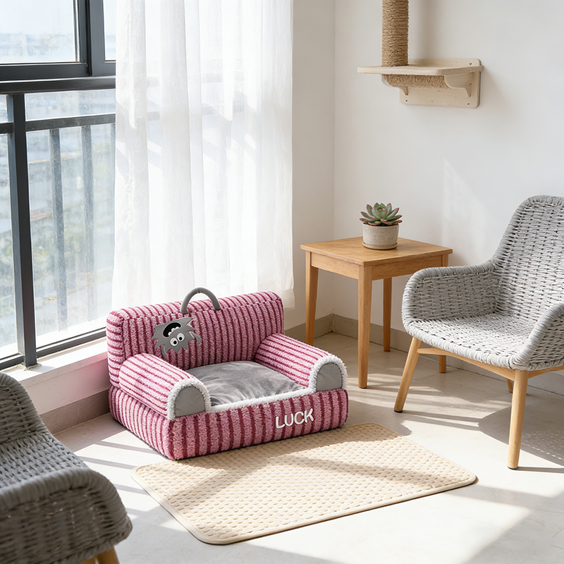 Modern Minimalist Rectangular Striped Fleece Pet Bed Cat Bed Accent Chair Backrest Armrest For Living Room