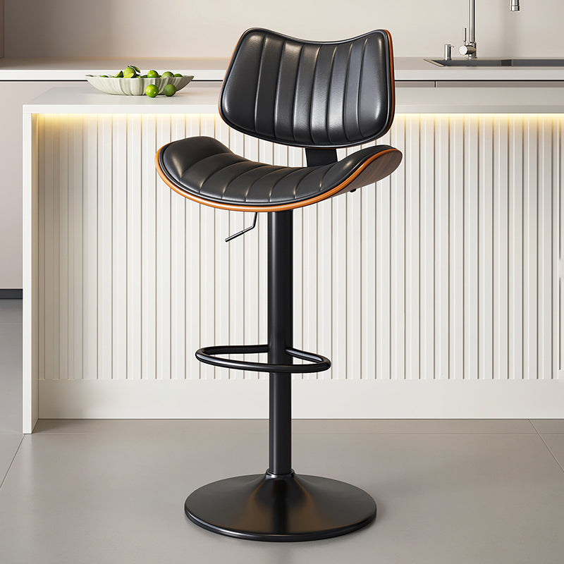 Tabouret de bar contemporain de luxe, rectangulaire incurvé, en bois massif, cuir PU, acier fer, pivotant, réglable en hauteur, avec dossier, sans accoudoirs, pour salle à manger et cuisine 