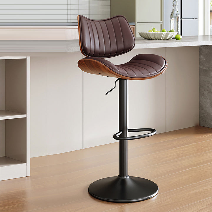 Tabouret de bar contemporain de luxe, rectangulaire incurvé, en bois massif, cuir PU, acier fer, pivotant, réglable en hauteur, avec dossier, sans accoudoirs, pour salle à manger et cuisine 
