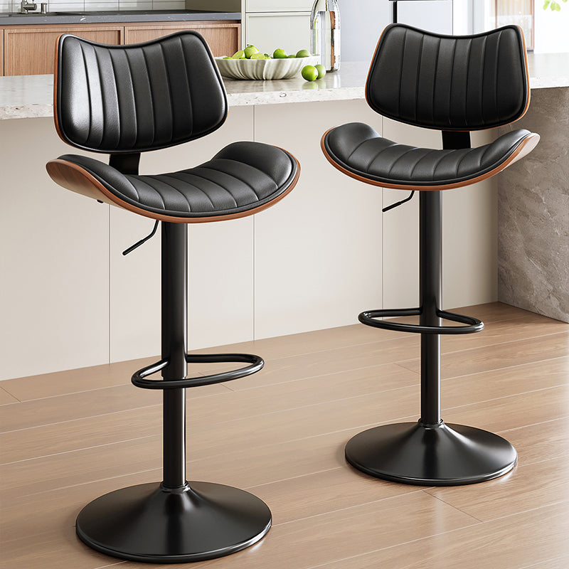 Tabouret de bar contemporain de luxe, rectangulaire incurvé, en bois massif, cuir PU, acier fer, pivotant, réglable en hauteur, avec dossier, sans accoudoirs, pour salle à manger et cuisine 