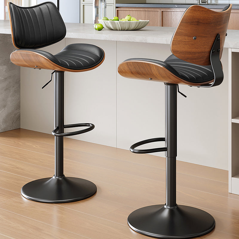 Tabouret de bar contemporain de luxe, rectangulaire incurvé, en bois massif, cuir PU, acier fer, pivotant, réglable en hauteur, avec dossier, sans accoudoirs, pour salle à manger et cuisine 