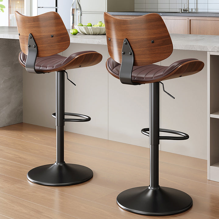 Tabouret de bar contemporain de luxe, rectangulaire incurvé, en bois massif, cuir PU, acier fer, pivotant, réglable en hauteur, avec dossier, sans accoudoirs, pour salle à manger et cuisine 
