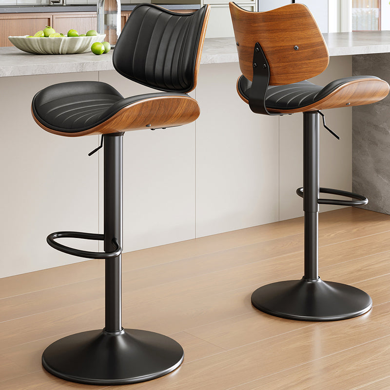 Tabouret de bar contemporain de luxe, rectangulaire incurvé, en bois massif, cuir PU, acier fer, pivotant, réglable en hauteur, avec dossier, sans accoudoirs, pour salle à manger et cuisine 