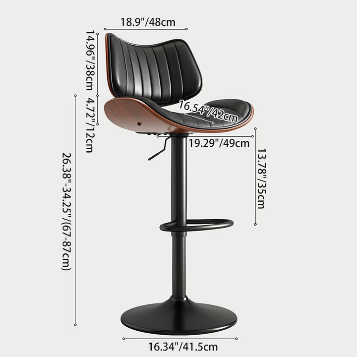 Tabouret de bar contemporain de luxe, rectangulaire incurvé, en bois massif, cuir PU, acier fer, pivotant, réglable en hauteur, avec dossier, sans accoudoirs, pour salle à manger et cuisine 