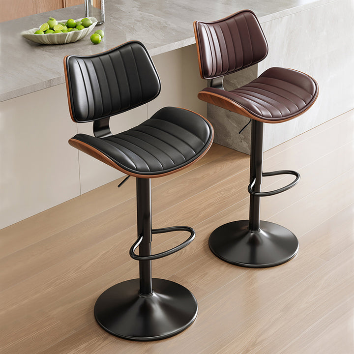 Tabouret de bar contemporain de luxe, rectangulaire incurvé, en bois massif, cuir PU, acier fer, pivotant, réglable en hauteur, avec dossier, sans accoudoirs, pour salle à manger et cuisine 
