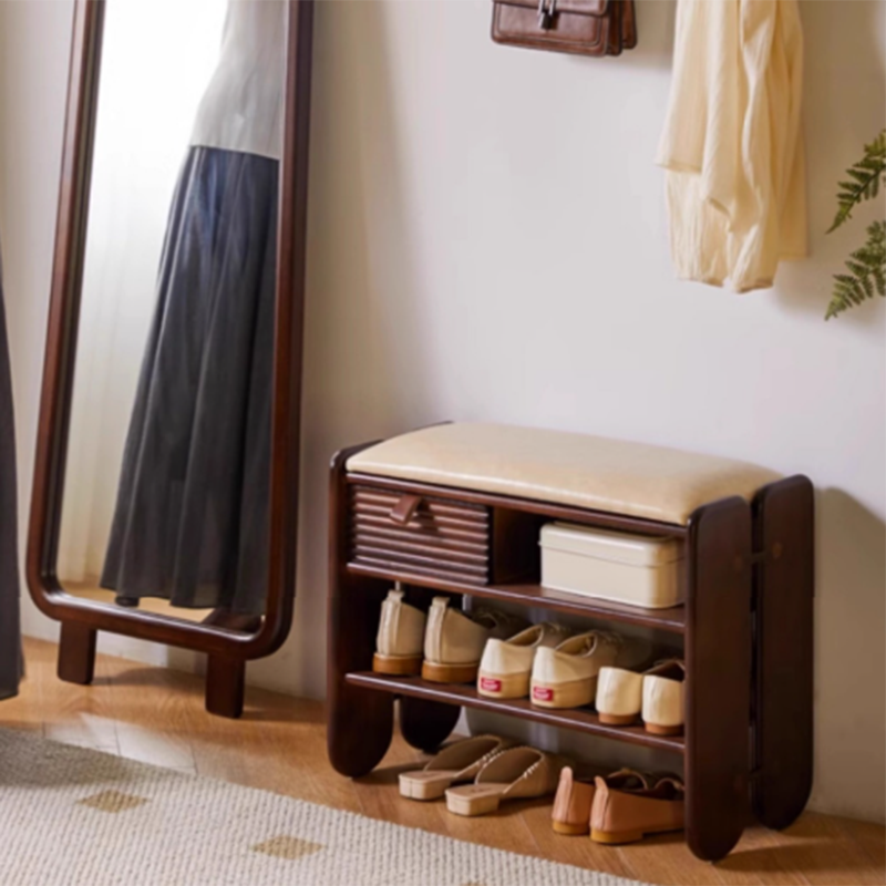 Traditional Vintage Rectangular PU Leather Rubberwood Solid Multi-Layer Plywood Shoe Bench 3-Tier For Entryway