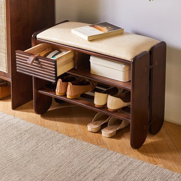 Traditional Vintage Rectangular PU Leather Rubberwood Solid Multi-Layer Plywood Shoe Bench 3-Tier For Entryway