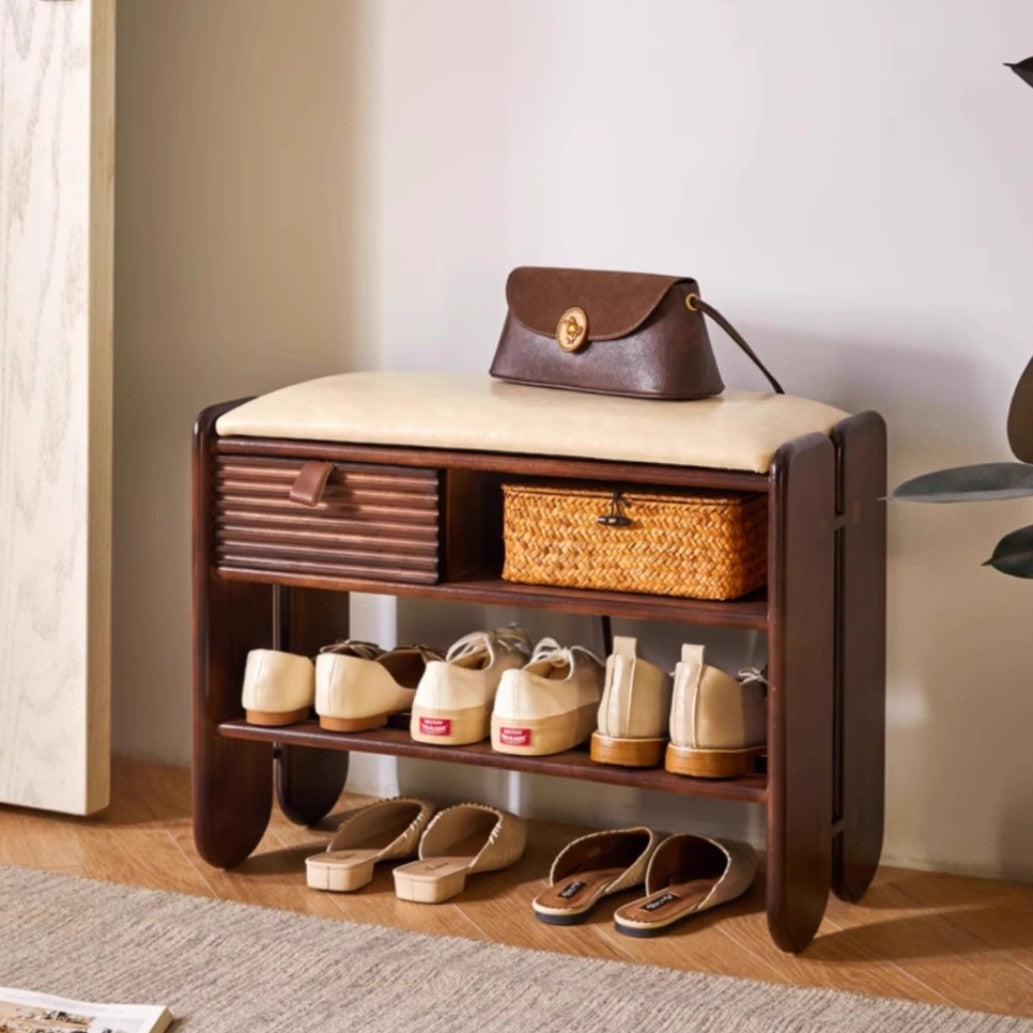 Traditional Vintage Rectangular PU Leather Rubberwood Solid Multi-Layer Plywood Shoe Bench 3-Tier For Entryway