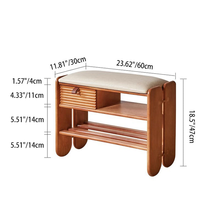 Traditional Vintage Rectangular PU Leather Rubberwood Solid Multi-Layer Plywood Shoe Bench 3-Tier For Entryway