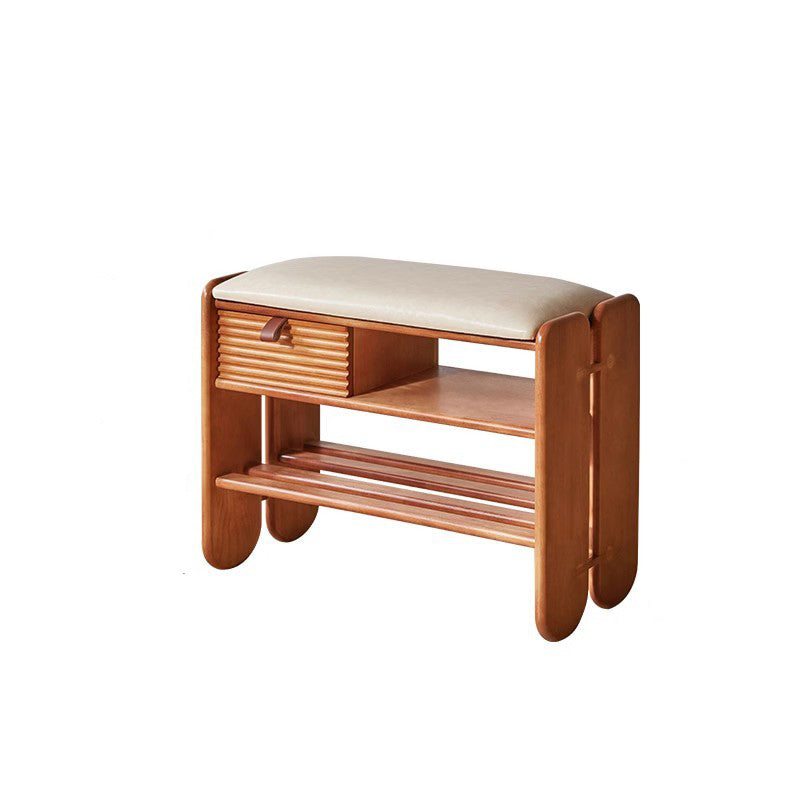 Traditional Vintage Rectangular PU Leather Rubberwood Solid Multi-Layer Plywood Shoe Bench 3-Tier For Entryway