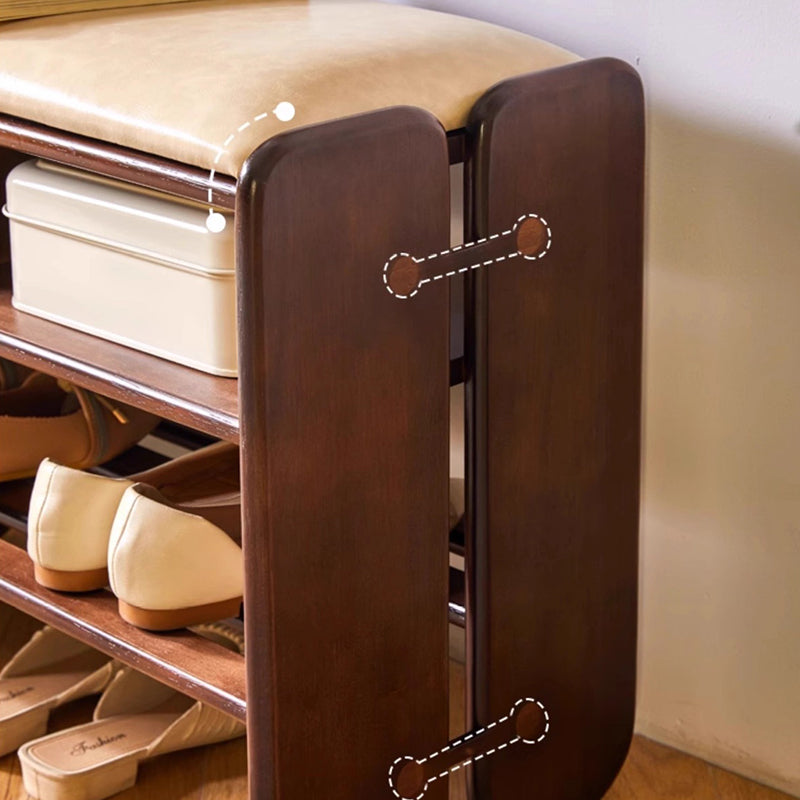 Traditional Vintage Rectangular PU Leather Rubberwood Solid Multi-Layer Plywood Shoe Bench 3-Tier For Entryway