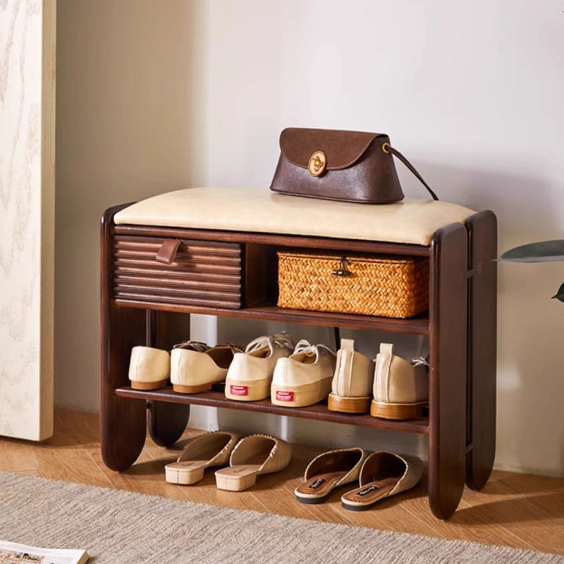 Traditional Vintage Rectangular PU Leather Rubberwood Solid Multi-Layer Plywood Shoe Bench 3-Tier For Entryway