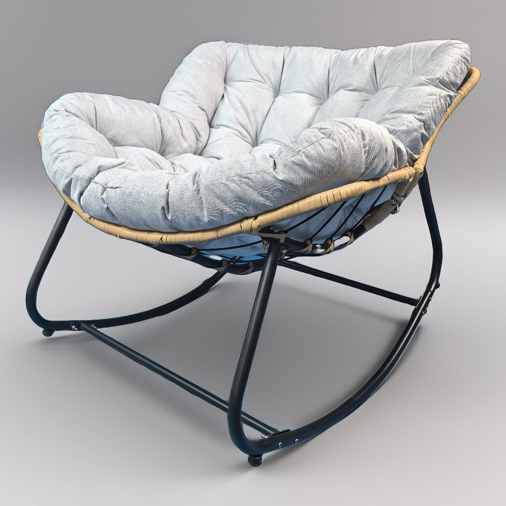 Moderner minimalistischer Schaukelstuhl mit geschwungener Vogelnest-Form aus Kohlenstoffstahl, Leinenmischgewebe, synthetischem Stoff und PE-Rattan, mit Rückenlehne, ohne Armlehnen, für das Wohnzimmer 