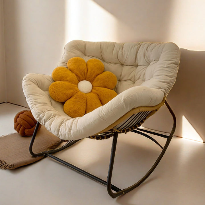 Moderner minimalistischer Schaukelstuhl mit geschwungener Vogelnest-Form aus Kohlenstoffstahl, Leinenmischgewebe, synthetischem Stoff und PE-Rattan, mit Rückenlehne, ohne Armlehnen, für das Wohnzimmer 