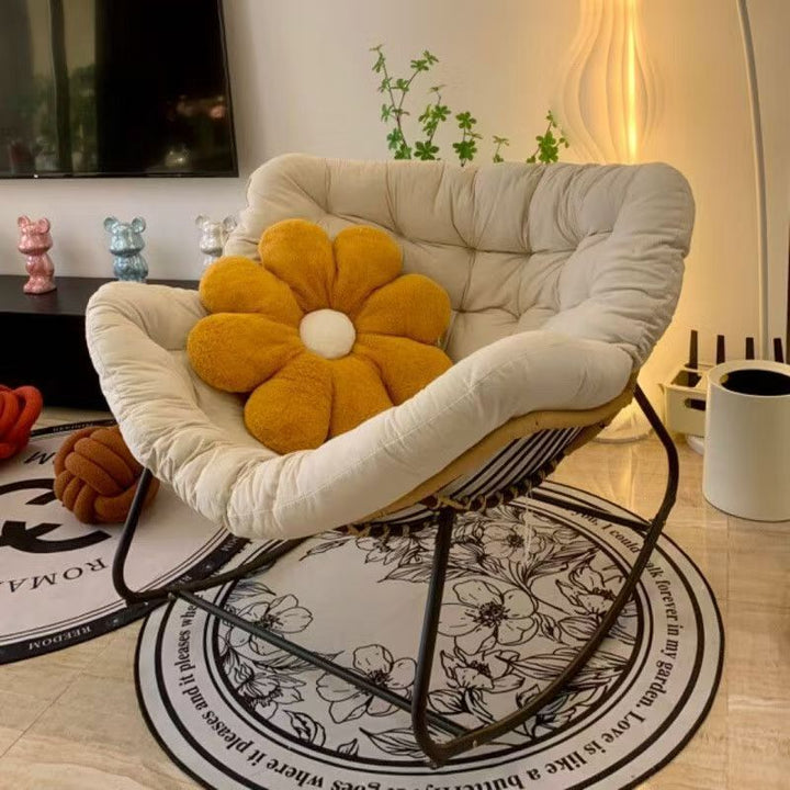 Moderner minimalistischer Schaukelstuhl mit geschwungener Vogelnest-Form aus Kohlenstoffstahl, Leinenmischgewebe, synthetischem Stoff und PE-Rattan, mit Rückenlehne, ohne Armlehnen, für das Wohnzimmer 