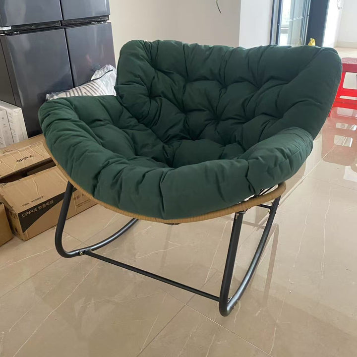 Moderner minimalistischer Schaukelstuhl mit geschwungener Vogelnest-Form aus Kohlenstoffstahl, Leinenmischgewebe, synthetischem Stoff und PE-Rattan, mit Rückenlehne, ohne Armlehnen, für das Wohnzimmer 