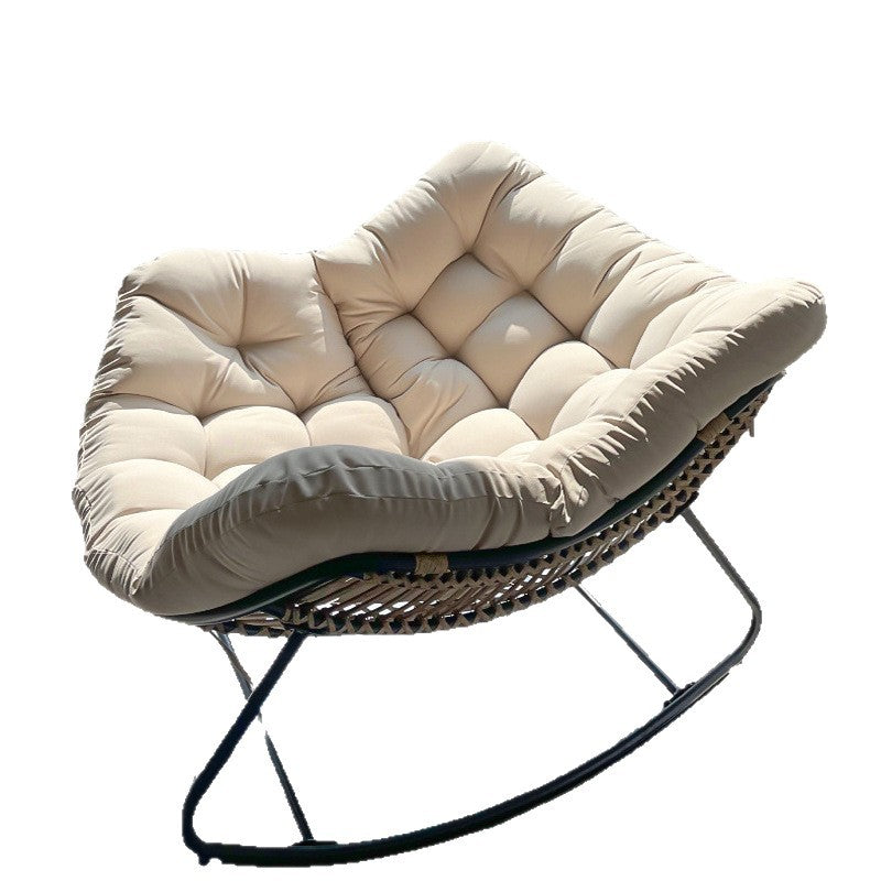 Moderner minimalistischer Schaukelstuhl mit geschwungener Vogelnest-Form aus Kohlenstoffstahl, Leinenmischgewebe, synthetischem Stoff und PE-Rattan, mit Rückenlehne, ohne Armlehnen, für das Wohnzimmer 