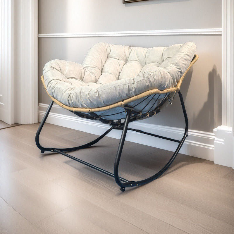 Moderner minimalistischer Schaukelstuhl mit geschwungener Vogelnest-Form aus Kohlenstoffstahl, Leinenmischgewebe, synthetischem Stoff und PE-Rattan, mit Rückenlehne, ohne Armlehnen, für das Wohnzimmer 