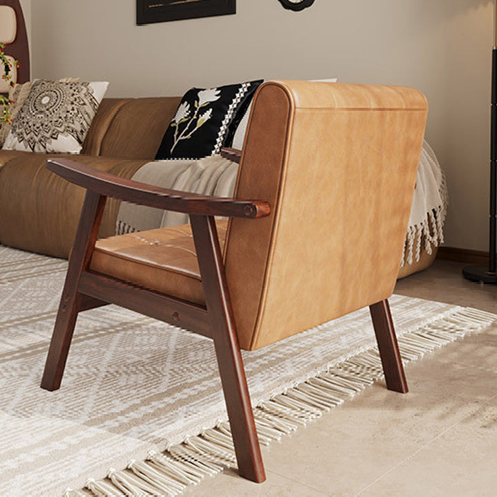 Tradicional Vintage Rectangular Falsa Piel Encerada Aceitada Silla de Madera Maciza con Respaldo y Reposabrazos para Sala de Estar 