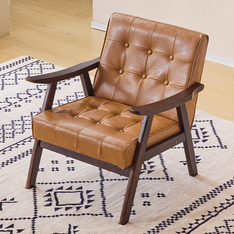 Tradicional Vintage Rectangular Falsa Piel Encerada Aceitada Silla de Madera Maciza con Respaldo y Reposabrazos para Sala de Estar 