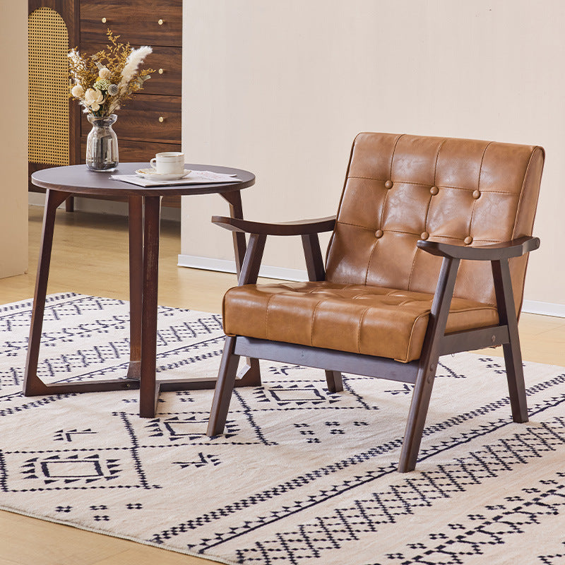 Tradicional Vintage Rectangular Falsa Piel Encerada Aceitada Silla de Madera Maciza con Respaldo y Reposabrazos para Sala de Estar 