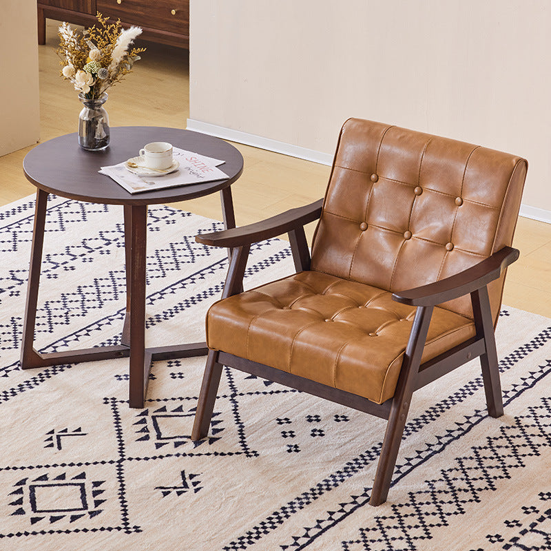 Tradicional Vintage Rectangular Falsa Piel Encerada Aceitada Silla de Madera Maciza con Respaldo y Reposabrazos para Sala de Estar 