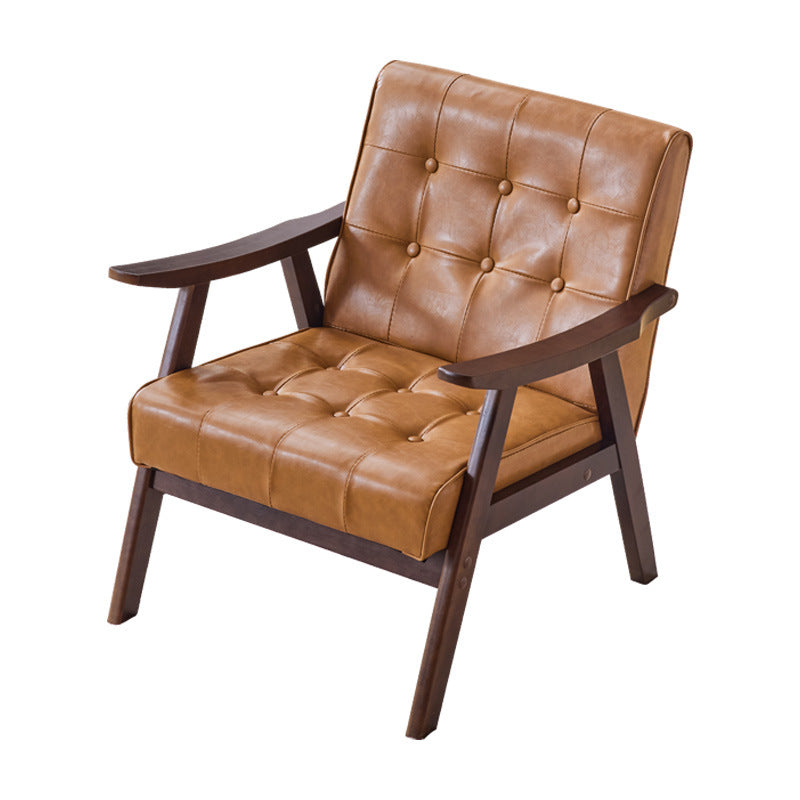 Tradicional Vintage Rectangular Falsa Piel Encerada Aceitada Silla de Madera Maciza con Respaldo y Reposabrazos para Sala de Estar 