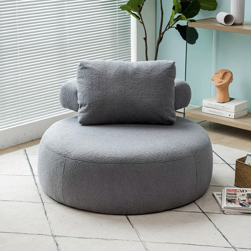 Moderner minimalistischer Akzentstuhl mit zylindrisch geschwungener Rückenlehne, aus Leinen- und Sherpa-Stoff sowie Massivholz, armlehnenlos, für das Wohnzimmer 
