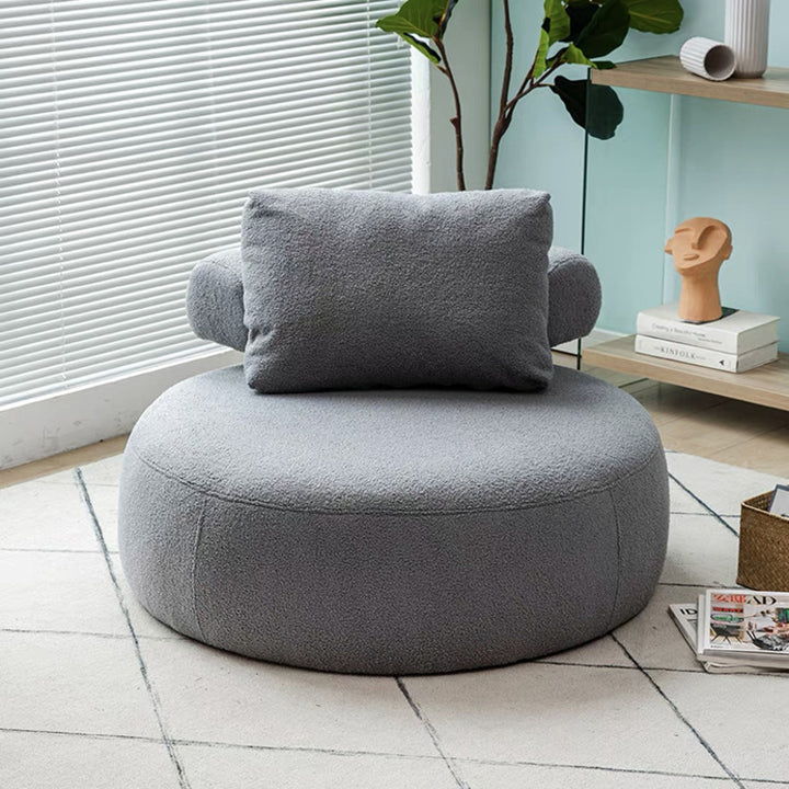Moderner minimalistischer Akzentstuhl mit zylindrisch geschwungener Rückenlehne, aus Leinen- und Sherpa-Stoff sowie Massivholz, armlehnenlos, für das Wohnzimmer 