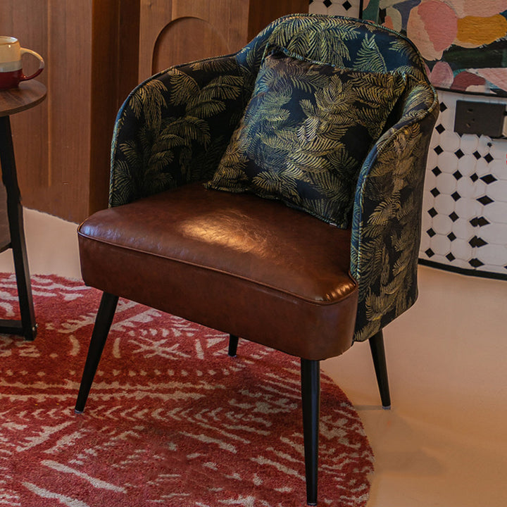 Traditional Vintage Curved Print Fabric Faux Oil-Waxed Leather Iron Medium Density Fiberboard Solid Wood Accent Chair Backrest Armrest For Living Room