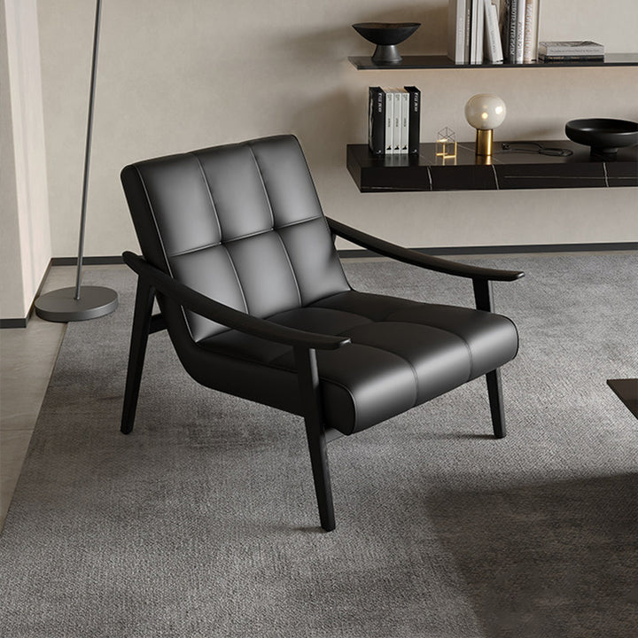 Chaise d'appoint contemporaine de luxe rectangulaire à bords courbes en cuir microfibre, bois de frêne et bois massif avec dossier et accoudoirs pour salon 