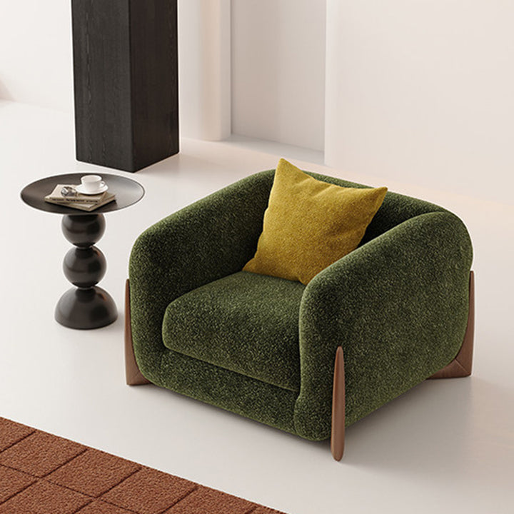 Chaise d’appoint contemporaine nordique rectangulaire en tissu chenille en laine d’agneau avec structure en bois massif, dossier et accoudoirs pour salon 
