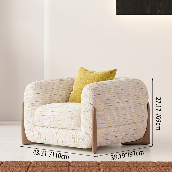 Chaise d’appoint contemporaine nordique rectangulaire en tissu chenille en laine d’agneau avec structure en bois massif, dossier et accoudoirs pour salon 