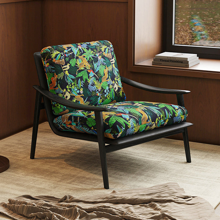 Chaise d'appoint moderne minimaliste en bois massif frêne et bois massif, avec dossier et accoudoirs, en tissu jacquard rectangulaire incurvé, pour salon 