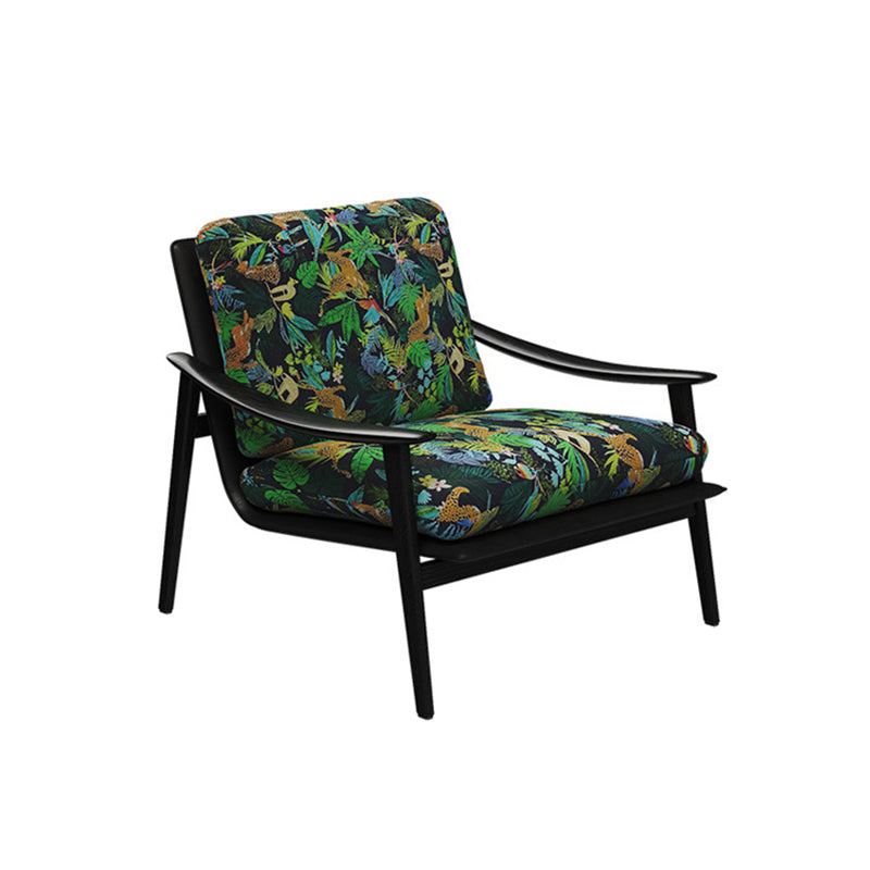 Moderner minimalistischer gebogener rechteckiger Jacquardstoff Ascheholz Massivholz Akzentstuhl Rückenlehne Armlehne für Wohnzimmer 