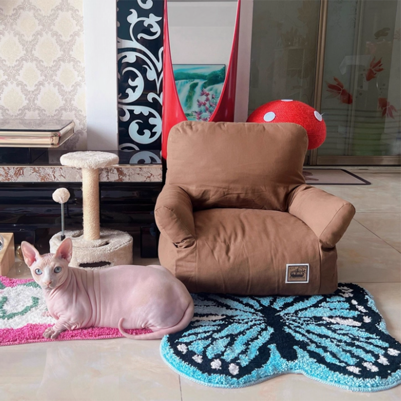 Cama rectangular minimalista moderna para gato de tela con algodón PP, sillón decorativo para mascotas con respaldo y reposabrazos para sala de estar 