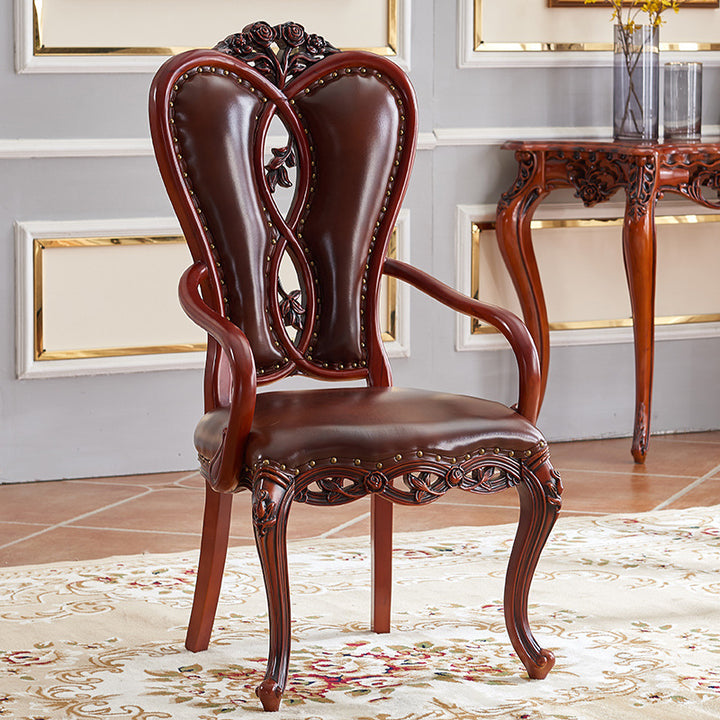 Contemporary Luxury Curved Rectangular Exquisite Carvings Microfiber Leather Rubberwood Solid Wood Dining Chair Backrest Armrest For Dining Room & Kitchen