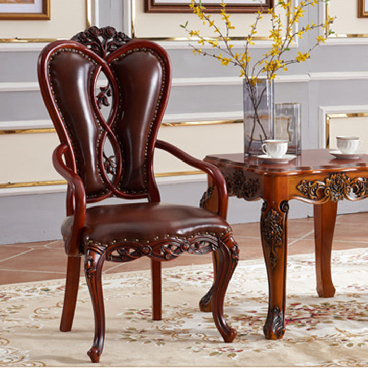 Contemporary Luxury Curved Rectangular Exquisite Carvings Microfiber Leather Rubberwood Solid Wood Dining Chair Backrest Armrest For Dining Room & Kitchen