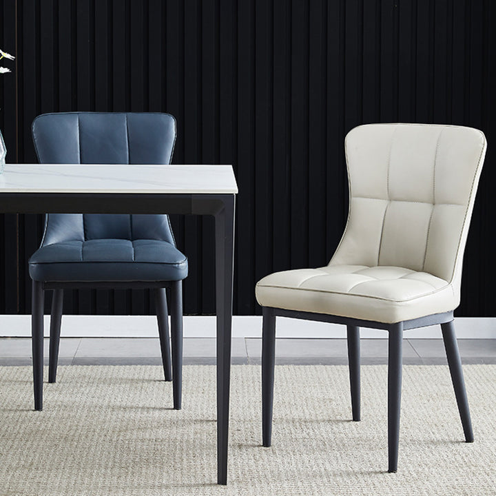 Silla de comedor de lujo contemporáneo rectangular de cuero PU de acero al carbono con respaldo sin brazos para comedor y cocina 