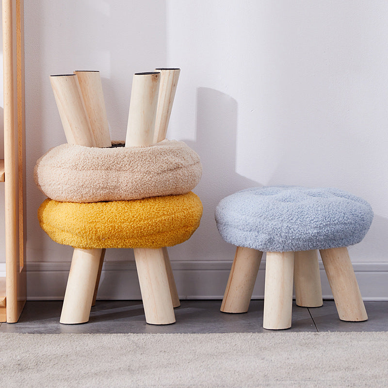 Tabouret bas pour enfants sans dossier ni accoudoirs, en bois de pin massif, peluche ours en peluche, forme ronde de biscuit créative contemporaine, pour salon 