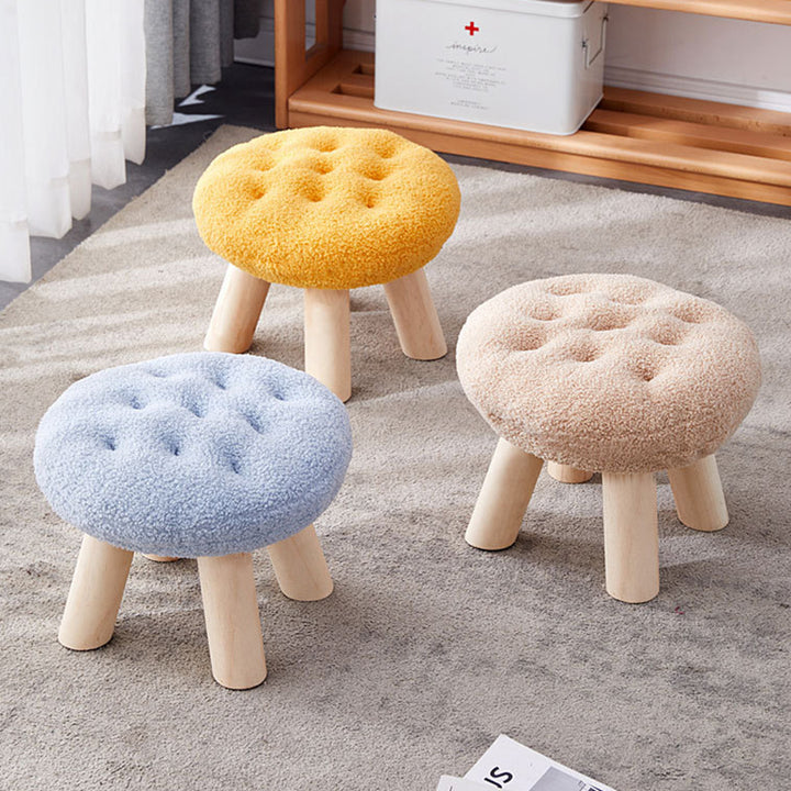 Contemporary Creative Round Cookie-Shaped Teddy Plush Solid Pine Wood Kids Low Stool Backless Armless For Living Room