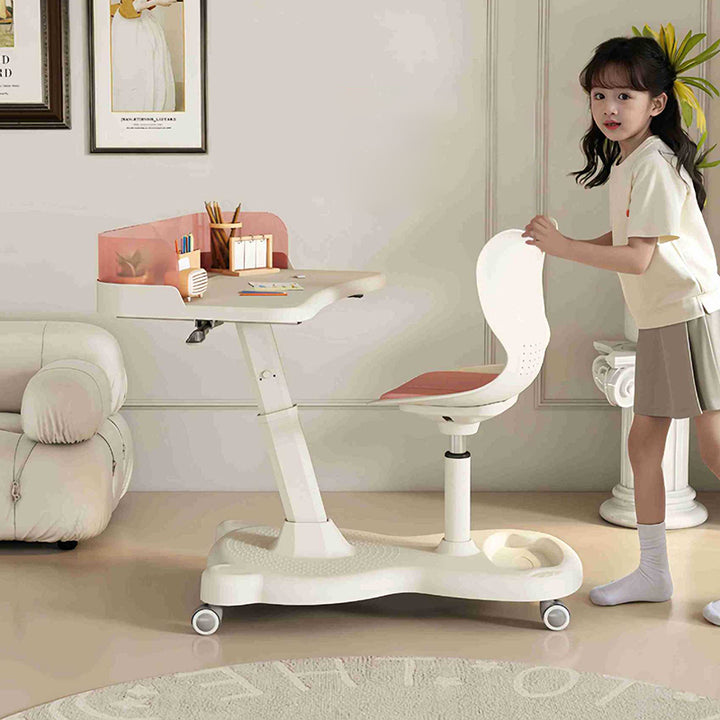 Ensemble bureau et chaise pour enfants au design minimaliste moderne, rectangulaire, en tissu mesh, PP et fer, intégré, hauteur réglable, avec dossier, pour la maison et le bureau 