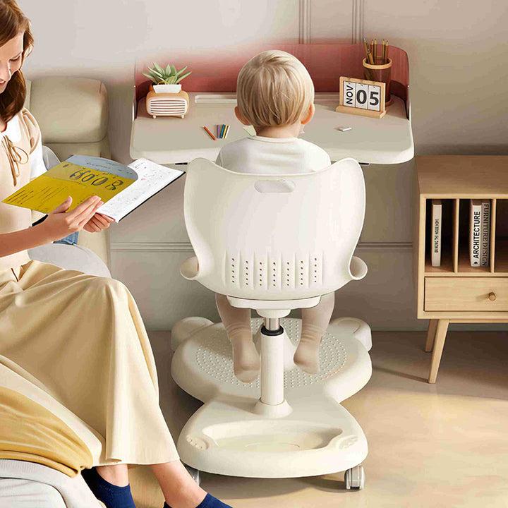 Ensemble bureau et chaise pour enfants au design minimaliste moderne, rectangulaire, en tissu mesh, PP et fer, intégré, hauteur réglable, avec dossier, pour la maison et le bureau 