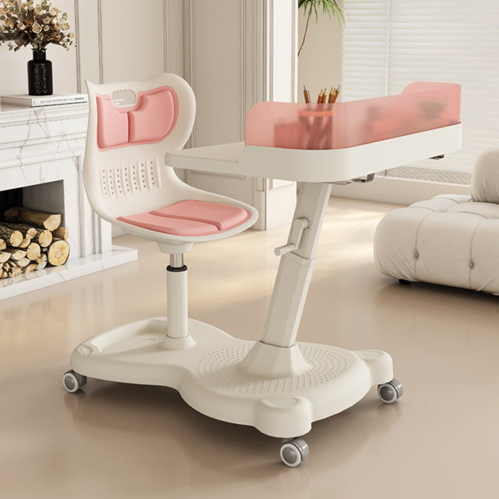 Ensemble bureau et chaise pour enfants au design minimaliste moderne, rectangulaire, en tissu mesh, PP et fer, intégré, hauteur réglable, avec dossier, pour la maison et le bureau 