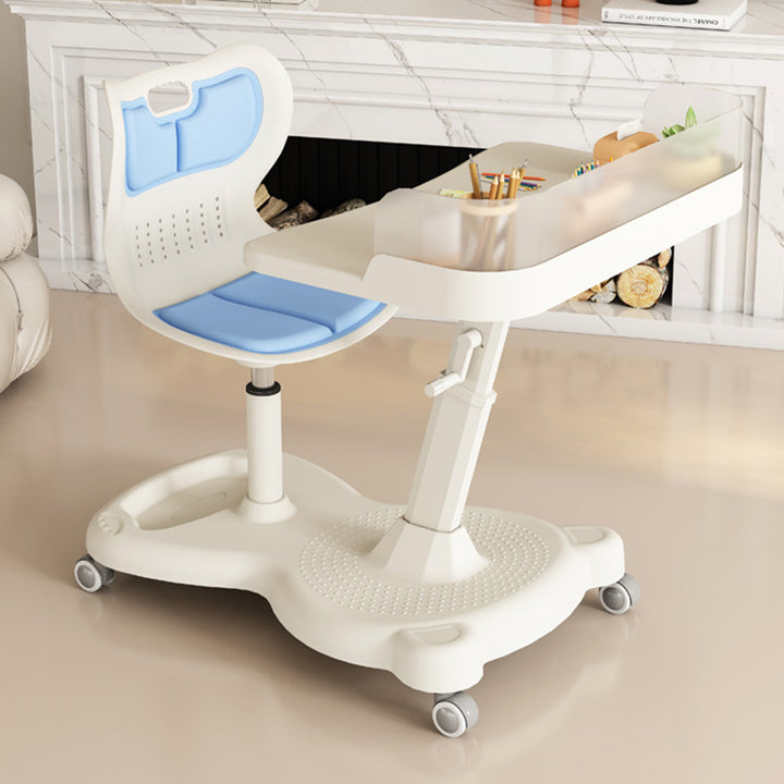 Ensemble bureau et chaise pour enfants au design minimaliste moderne, rectangulaire, en tissu mesh, PP et fer, intégré, hauteur réglable, avec dossier, pour la maison et le bureau 