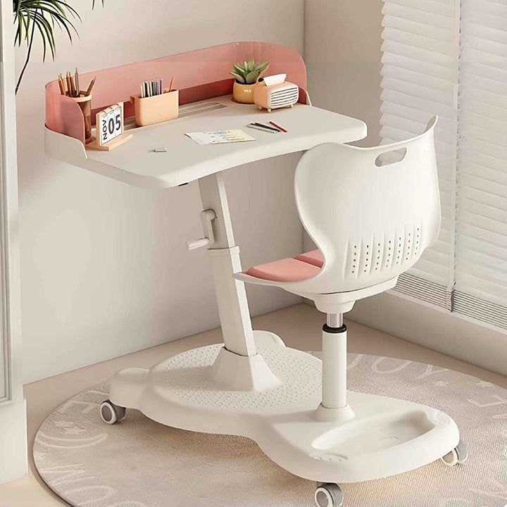 Ensemble bureau et chaise pour enfants au design minimaliste moderne, rectangulaire, en tissu mesh, PP et fer, intégré, hauteur réglable, avec dossier, pour la maison et le bureau 