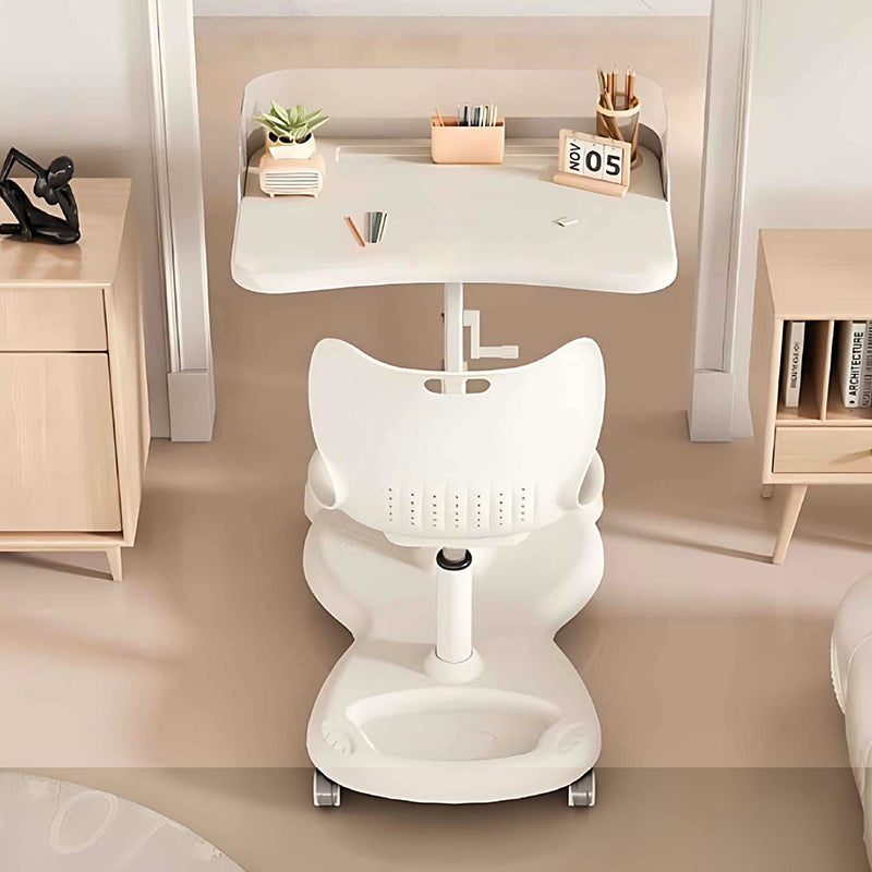 Ensemble bureau et chaise pour enfants au design minimaliste moderne, rectangulaire, en tissu mesh, PP et fer, intégré, hauteur réglable, avec dossier, pour la maison et le bureau 