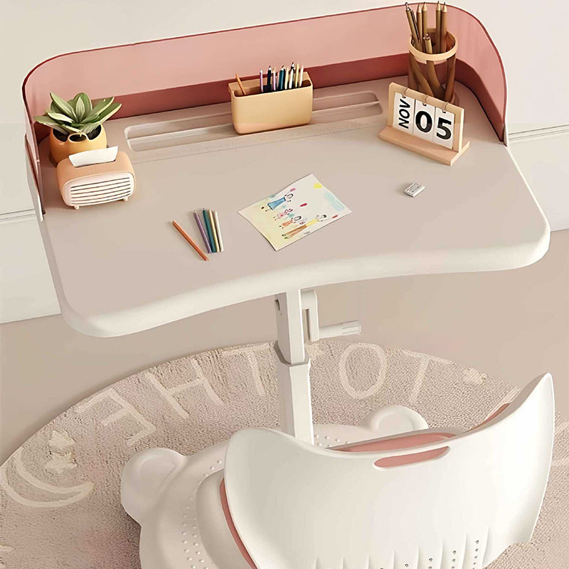 Ensemble bureau et chaise pour enfants au design minimaliste moderne, rectangulaire, en tissu mesh, PP et fer, intégré, hauteur réglable, avec dossier, pour la maison et le bureau 